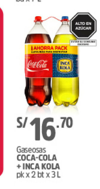 Plaza Vea Gaseosa Coca-Cola + Inca kola pk x 2 bt x 3L oferta