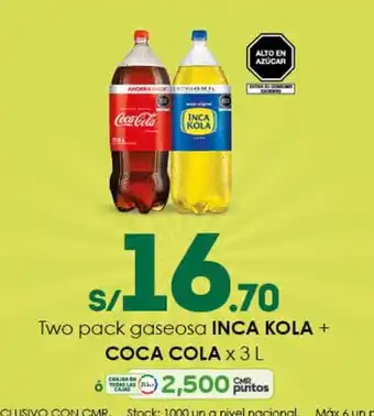 Tottus Two pack gaseosa INCA KOLA + COCA-COLA x 3L oferta