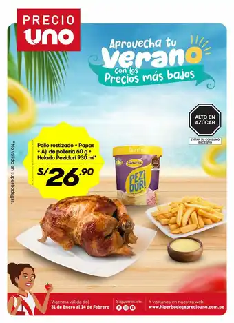Hiperbodega Precio Uno Pollo rostizado + Papas + Aji de pollera 60g + Helado Peziduri 930 ml oferta