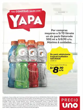 Hiperbodega Precio Uno Six pack rehidratante tropical / multisabor GATORADE x 500 ml oferta