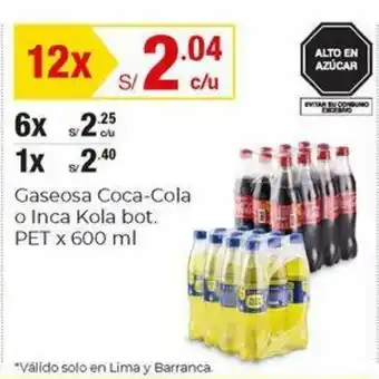 Metro Gaseosa Coca-Cola o Inca Kola bot, PET x 600ml oferta