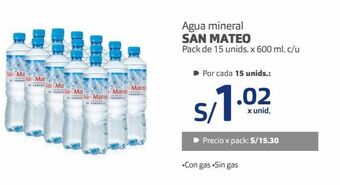 Makro Agua mineral san mateo pack de 15 unids. x 600 ml. c/u oferta