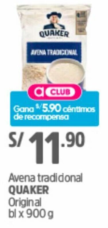 Avena Tradicional Quaker original 900g oferta en Plaza Vea