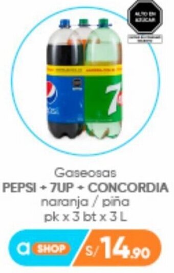 Plaza Vea Pepsi + 7Up + Concordia 3 x 3L oferta