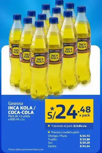 Makro Gaseosa inca kola/ coca cola pack 12unids x 600ml oferta
