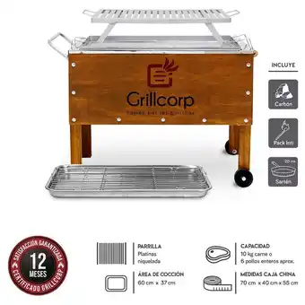 Tottus Caja china mediana premium caoba + parrilla de platinas niqueladas + carbón 2kg + sartén de hierro fundido n20 70x40x55 cm oferta