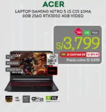 Tottus Acer Laptop Gaming Nitro 5 I5 CI5 10MA 8GB 256G RTX3050 4GB Video oferta