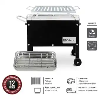 Tottus Caja china chica inoxidable black + parrilla de platinas niqueladas + carbón 2kg + sartén de hierro fundido n15 50x30x45 cm oferta