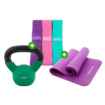 Tottus Yoga mat morado + pesa rusa 4kg + bandas elasticas de tela para resistencia oferta