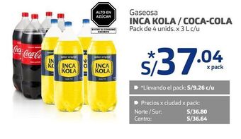 Makro Gaseosa inca kola / coca-cola pack de 4 unids. x 3 l c/u oferta