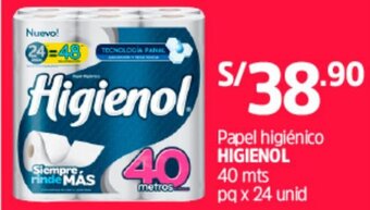 Plaza Vea Papel Higiénico Higienol 40mts x 24 Unid oferta