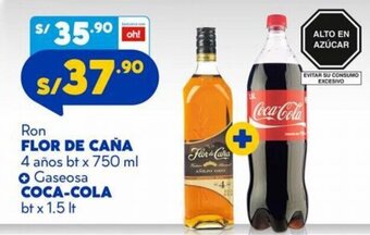 Ron Flor de Caña 4 años 750ml +Gaseosa Coca-Cola 1.5lt