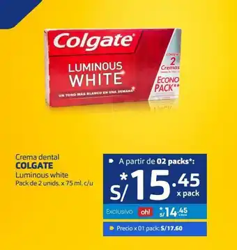Makro Crema dental colgate luminous white pack de 2 unids. x 75 ml. c/u oferta