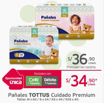 Tottus Pañales Tottus Cuidado Premium M x 60 / G x 54 / XG x 44 / XXG x 40 oferta