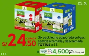Tottus Six Pack Leche Evaporada Entera / Semidescremada / Descremada Tottus 1L oferta