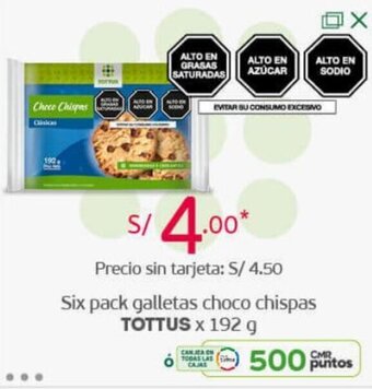 Tottus Six Pack Galletas Choco Chispas Tottus 192g oferta