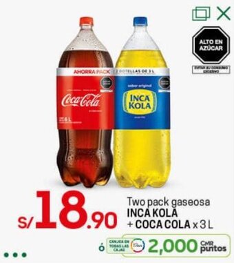 Tottus Two Pack Gaseosa Inca Kola +Coca Cola 3L oferta