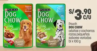 Plaza Vea Pouch DOG CHOW adultos y cachorros rozas pequeñas sabores variados bl x 100g oferta