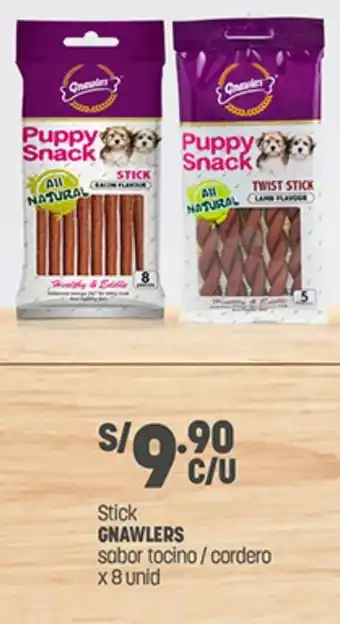 Plaza Vea Stick GNAWLERS sabor tocino / cordero x 8 unid oferta