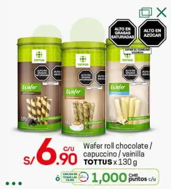 Tottus Wafer Roll Chocolate / Capuccino / Vainilla Tottus 130g oferta
