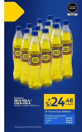 Makro Gaseosa inca kola/coca-cola pack de 12 un oferta