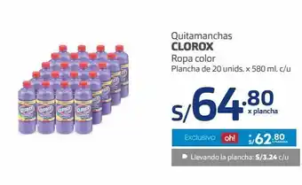 Makro Quitamanchas clorox ropa color plancha de 20 unids. x 580 ml. c/u oferta
