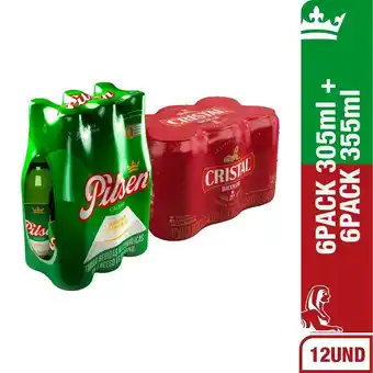 Tottus Cerveza cristal bicolor roja lata 355ml 6 unidades + six pack cerveza pilsen botella  305ml oferta