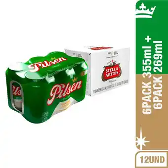 Tottus Six pack cerveza pilsen lata 355ml+cerveza stella artois belgium lata 269ml 6unidades oferta