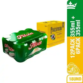 Tottus Twelve pack cerveza pilsen lata 355ml + cerveza pacifico clara lata 355ml 6unidades oferta