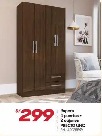 Hiperbodega Precio Uno Ropero 4 Puertas + 2 Cajones oferta
