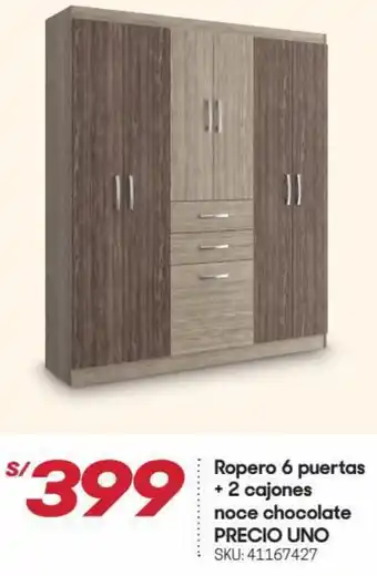 Hiperbodega Precio Uno Ropero 6 Puertas + 2 Cajones Noce Chocolate oferta