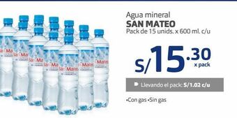 Makro Agua mineral san mateo pack de 15 unids. x 600 ml. c/u oferta