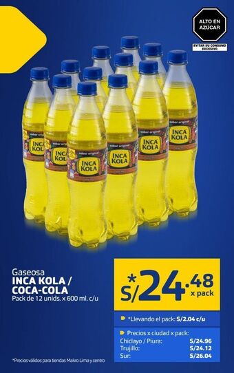 Makro Gaseosa inca kola / coca-cola pack de 12 unids. x 600 ml. c/u oferta