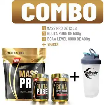 Platanitos Level pro combo level pro - mass pro 12 libras vainilla cremé + bcaa level 8000 400 gr. watermelon + gluta pure 500 gr. + sha oferta