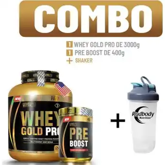 Platanitos Level pro combo level pro - whey gold pro 6.6 libras vainilla cremé + pre boost 400 gr. blueberry + shaker oferta