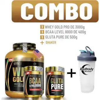 Platanitos Level pro combo level pro - whey gold pro 6.6 libras vainilla cremé + bcaa level 8000 400 gr. blueberry + gluta pure 500 gr. oferta