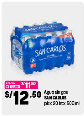 Plaza Vea Agua sin gas SAN CARLOS pk x 20 btx 500 ml oferta