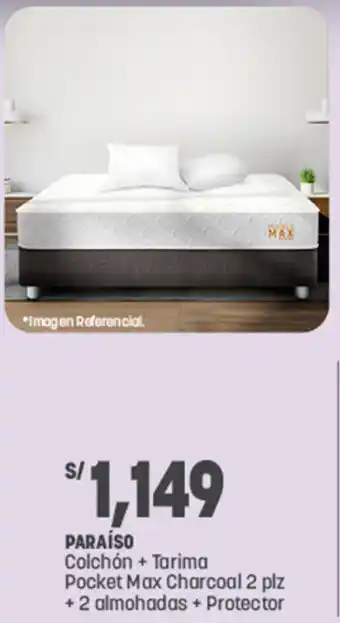 Plaza Vea Paraíso Colchón +Tarima Pocket Max Charcoal 2 plz +2 Almohadas +Protector oferta