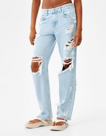 Bershka Jeansy vintage o prostym kroju z przetarciami oferta