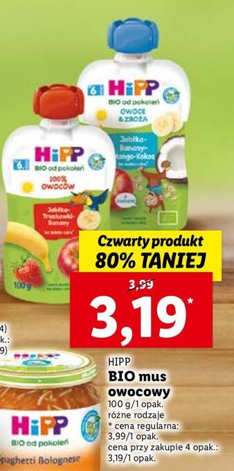 Lidl Mus jabłka-truskawki-banany Hipp Bio oferta