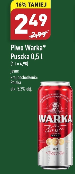 ALDI Warka Classic Piwo jasne 500 ml oferta