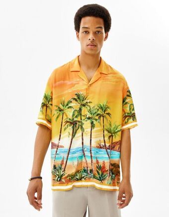 Bershka Koszula relax fit z krótkim rękawem i nadrukiem palm oferta