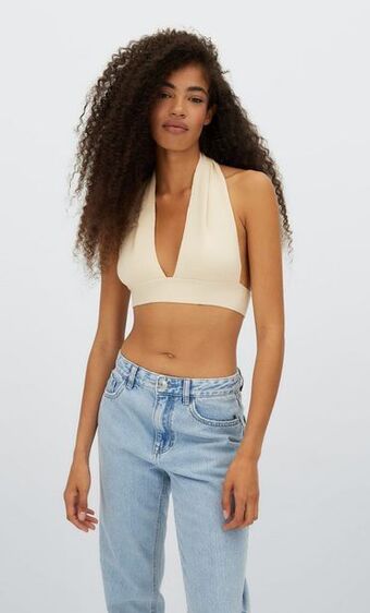 Stradivarius Dzianinowy biustonosz bralette z kopertowym dekoltem oferta