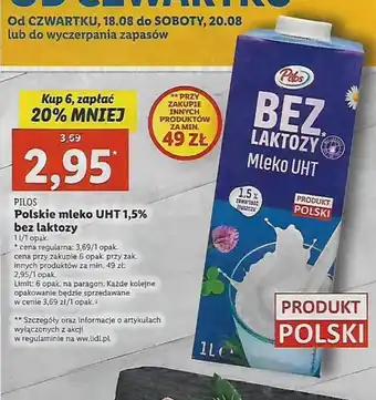 Lidl Pilos Polskie mleko UHT 1,5% bez laktozy oferta