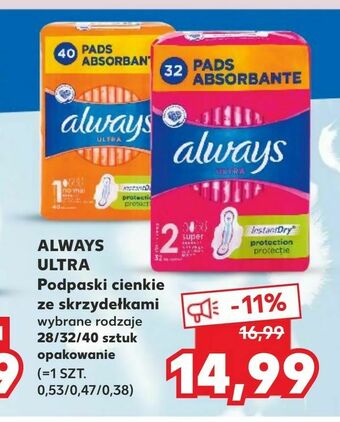 Kaufland ALWAYS ULTRA Podpaski cienkie ze skrzydełkami oferta