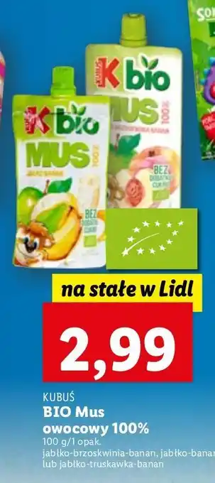 Lidl Mus jabłko-brzoskwinia-banan kubuś bio 100% oferta