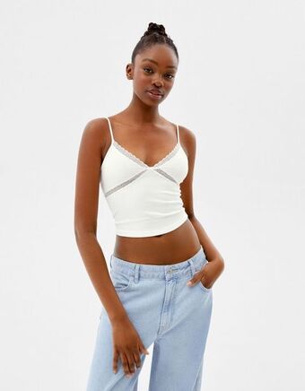 Bershka Top na ramiączkach z koronkowym wykończeniem oferta