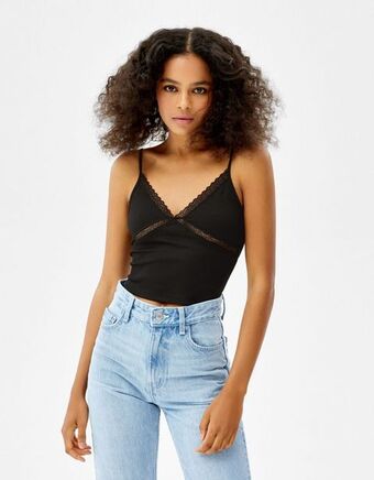 Bershka Top na ramiączkach z koronkowym wykończeniem oferta
