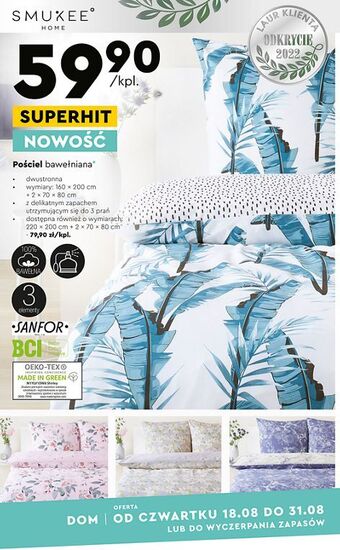 Biedronka Komplet pościeli bawełnianej jersey 160 x 200 + 2 70 80 cm smukee home oferta