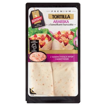 E.Leclerc Konspol premium tortilla arabska z kawałkami kurczaka z sosem tysiąca wysp i warzywami 250 g oferta